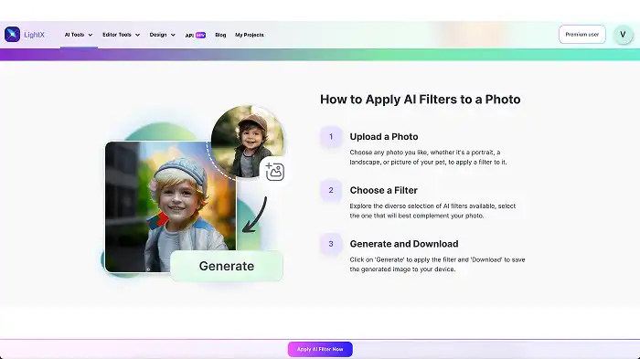A screenshot of the AI Filter webpage in LightX, along with a CTA button.