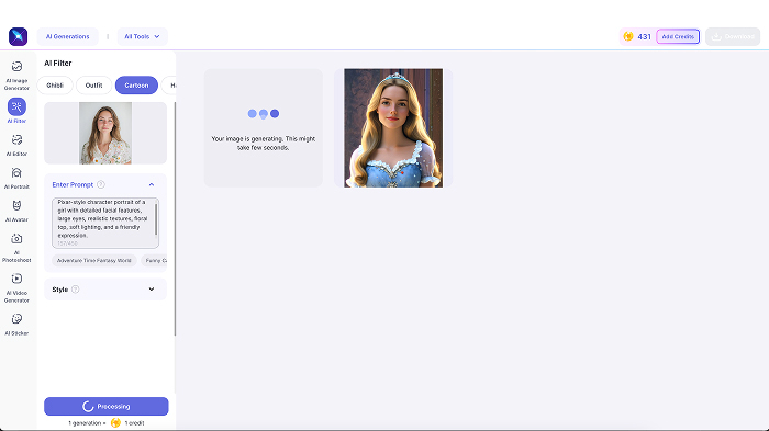 A screenshot of LightX’s AI Filter tool with AI text-to-cartoon generation.
