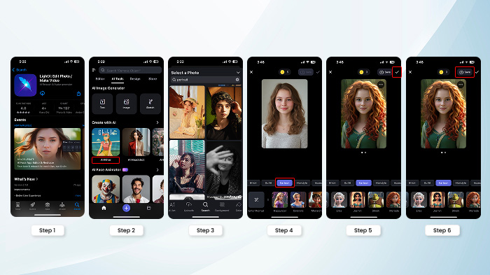 A collage of the step-by-step process of turning a photo into a cartoon with AI in the LightX iOS app. 