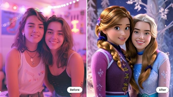  A collage of a photo of two best friends and their transformation into a cartoon with AI.