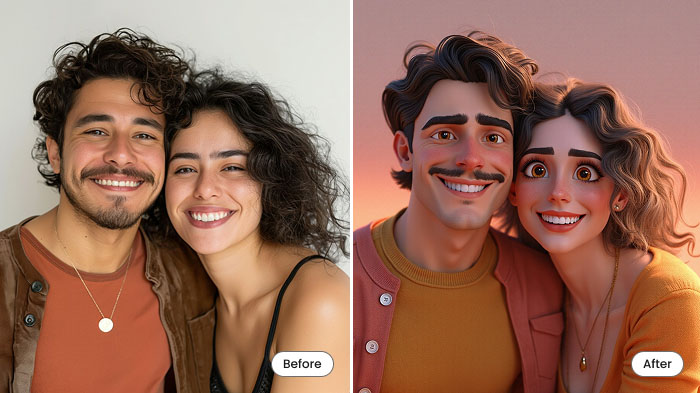 A collage of a photo of a couple and their transformation into a cartoon with AI.