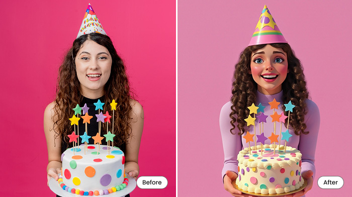 A collage of a photo of a birthday girl and her transformation into a cartoon with AI