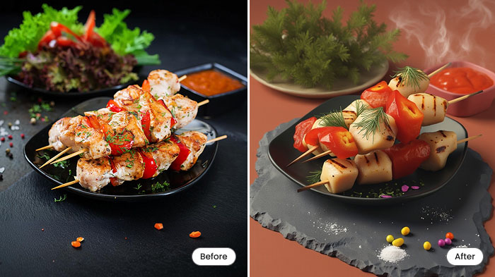 A collage of a photo of a food item and its transformation into a cartoon with AI.