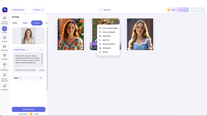 A screenshot of AI photo-to-cartoon results in LightX, along with additional options.