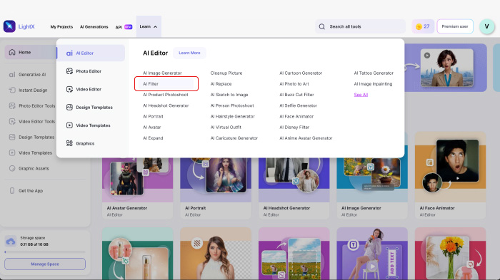 A screenshot of a user dashboard in LightX, showing the AI Filter tool.