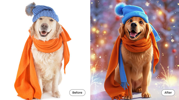 A collage of a photo of a dog and its transformation into a cartoon with AI.