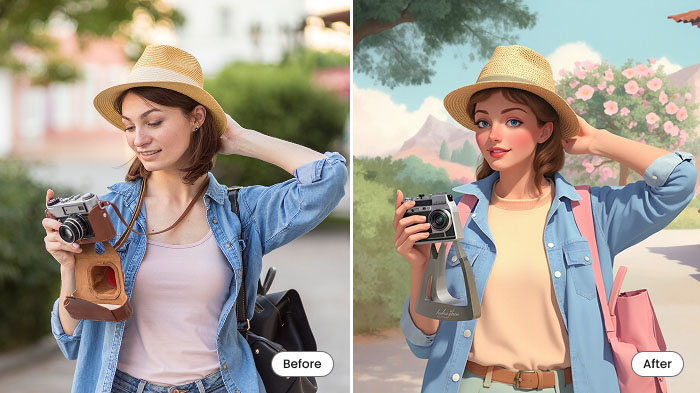  A collage of a photo of a female adventurer and her transformation into a cartoon with AI.