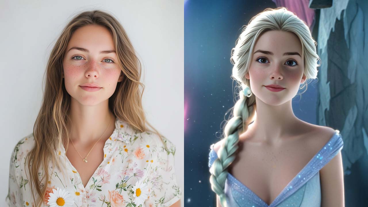 A collage of a womanâs original photo and transformation into Elsa from Frozen with AI.