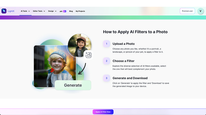 A screenshot of the AI Filter webpage in LightX, along with a CTA button.