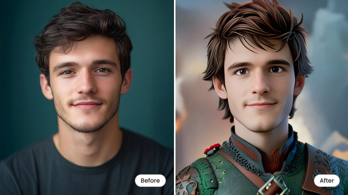 A collage of a photo of a man and his transformation into a cartoon with AI.