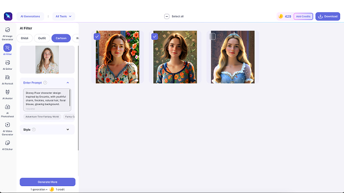 A screenshot of the results of turning a photo into a cartoon with AI in LightX’s AI Filter tool, along with the download option. 