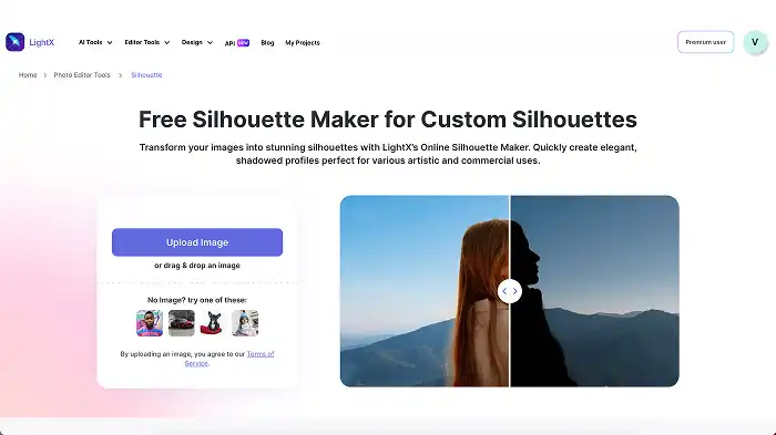 A screenshot of LightX’s Silhouette Maker webpage.
