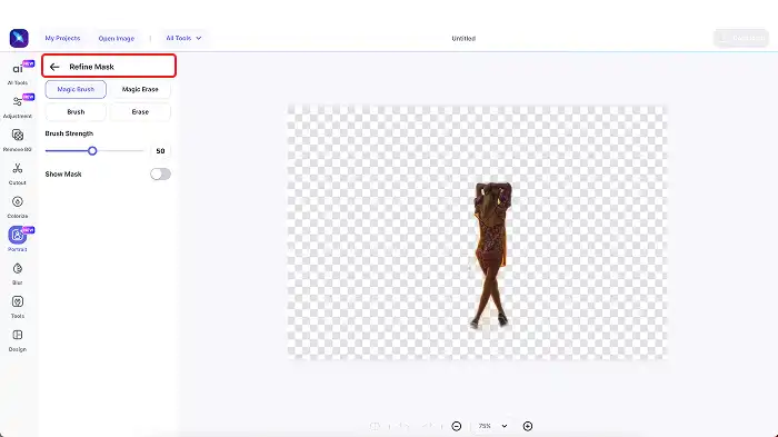 A screenshot of the Refine Mask feature in LightX’s Silhouette tool.