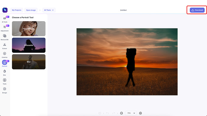 A screenshot of the Download button in LightX’s Silhouette tool.