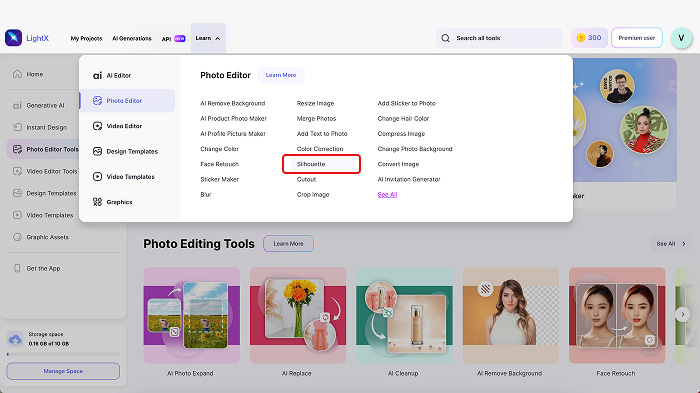 A screenshot of LightX’s Silhouette tool in the menu.