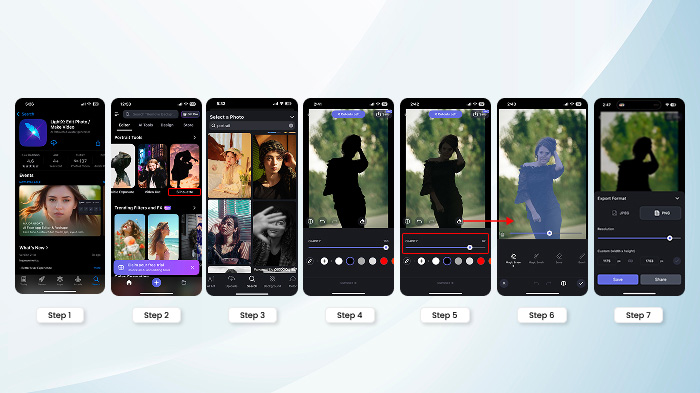 A collage of the steps of turning a photo into a silhouette using the LightX iOS app