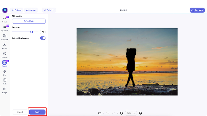 A screenshot of the final image preview and edits Apply button in LightX’s Silhouette tool.