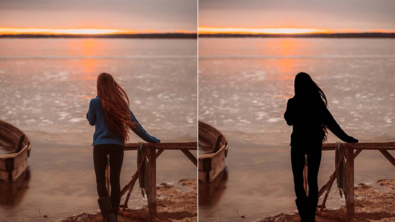 A collage of a photo of a woman and its transformation into a black silhouette.