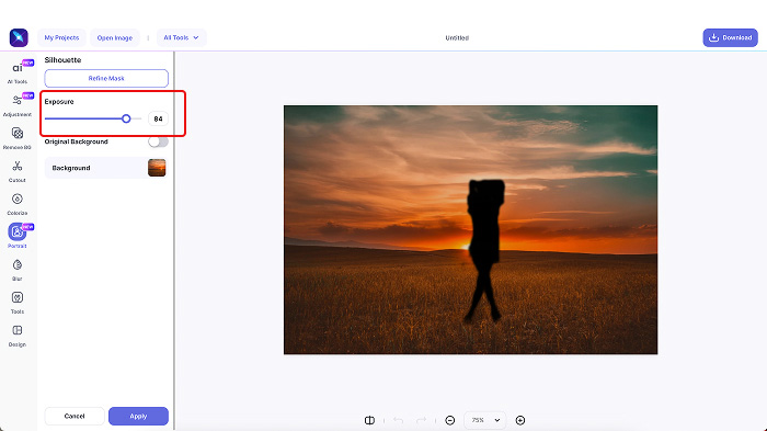 A screenshot of the exposure adjustment slider in LightX’s Silhouette tool.