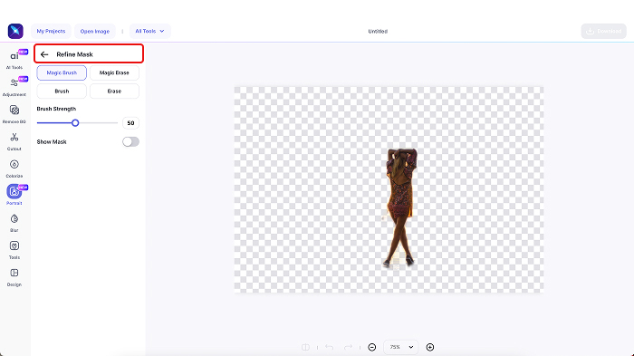 A screenshot of the Refine Mask feature in LightX’s Silhouette tool.