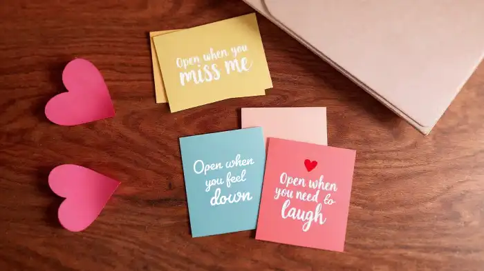 A set of mini cards labeled for different emotions—“Open when you miss me,” “Open when you need a laugh,” providing love and comfort anytime.