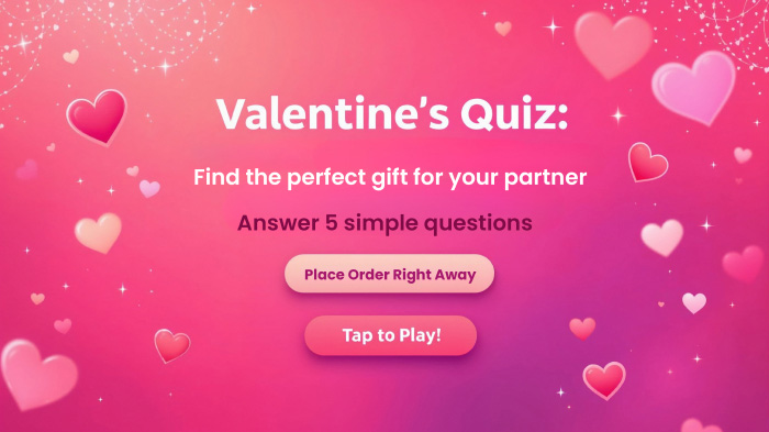 A Valentine’s Day quiz promo featuring a gradient background, heart illustrations, and glitter design.