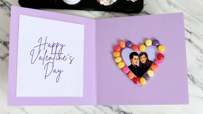 Candy pieces glued creatively, forming a heart shape or framing a special photo for a deliciously adorable touch.