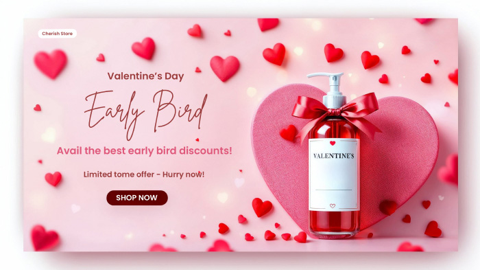 A Valentine’s Day early bird discount advertisement featuring a skincare product cutout and floating hearts.