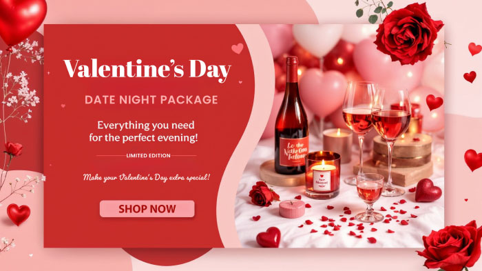 An ad for Valentine’s Day date package featuring a photo of wine glasses, a wine bottle, and rose and heart illustrations.