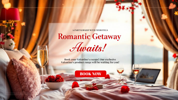 A ad for Valentine’s Day getaway featuring imagery of a romantic hotel room setup with flowers and wine glasses.