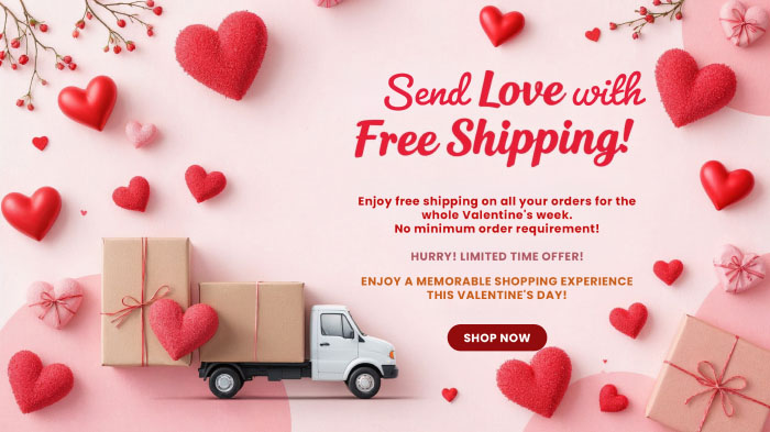 An ad for free Valentine’s gift shipping featuring imagery of a delivery truck with parcels and floating hearts.