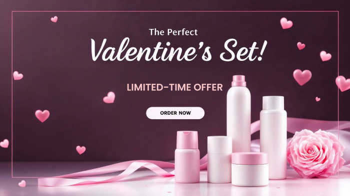 A promotional image for a Valentine’s Day bundle of different skincare products featuring a pink rose and floating hearts.