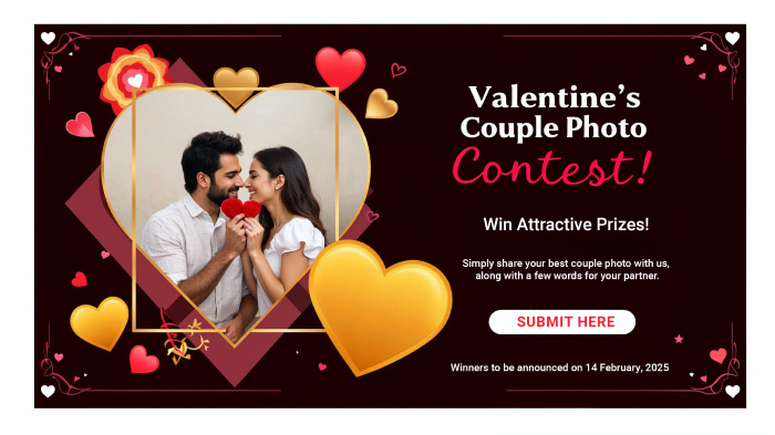 A Valentine’s couple photo contest promo featuring a photo of a couple in a frame decorated with colorful hearts.