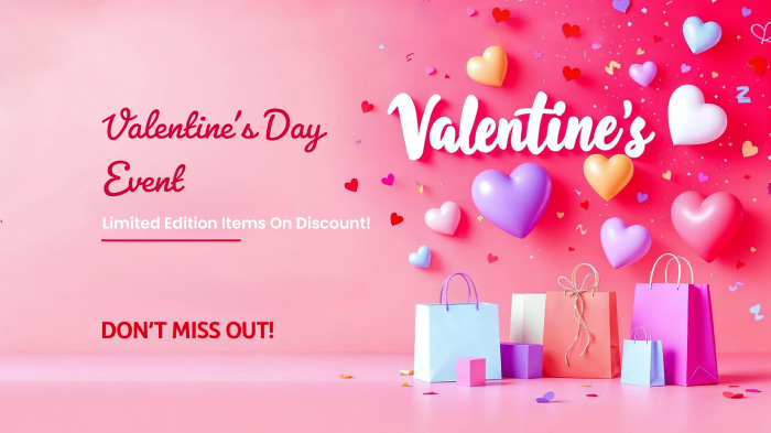 A Valentine’s Day event ad featuring colorful shopping bags and floating hearts