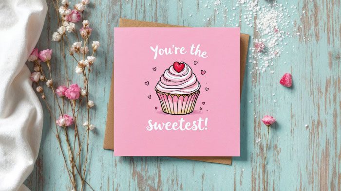 Alt texts: A fun, baking-themed card featuring a cute cupcake illustration and the words, “You’re the sweetest!” to show appreciation and love.