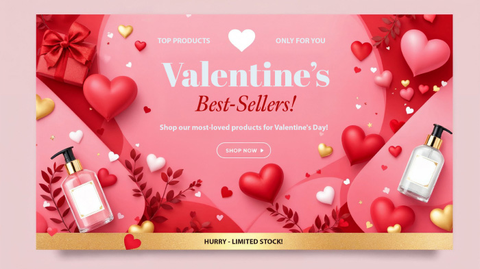 A Valentine’s Day best-sellers promo featuring skincare products, a red gift box, and colorful heart illustrations.
