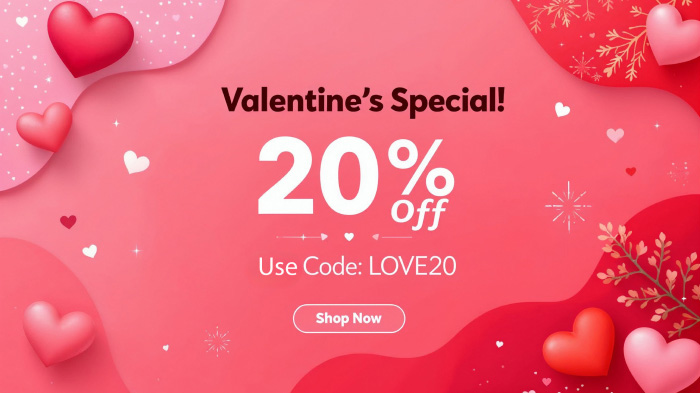 An ad for Valentine’s Day special discount code featuring beautiful pink, red, and white hearts.