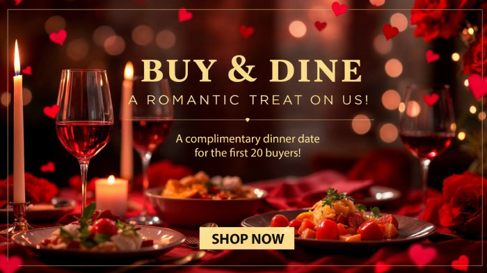 An ad for a free Valentine’s Day dinner date featuring imagery of a table with food, wine glasses, and candles.