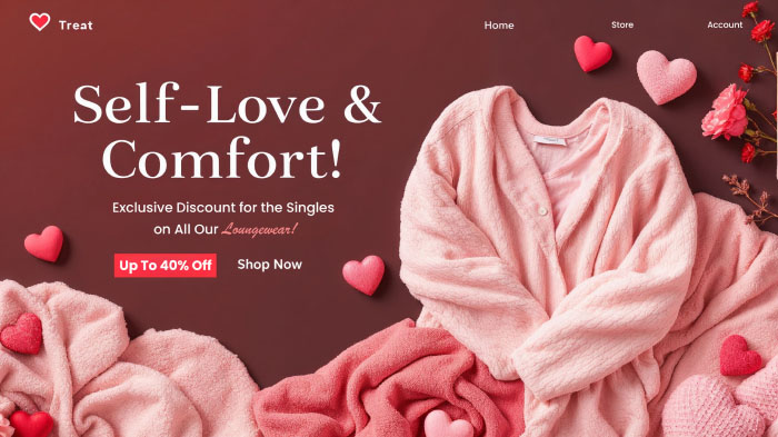 An ad for a Valentine’s Day discount on loungewear for singles featuring flat lay loungewear clothing and hearts.