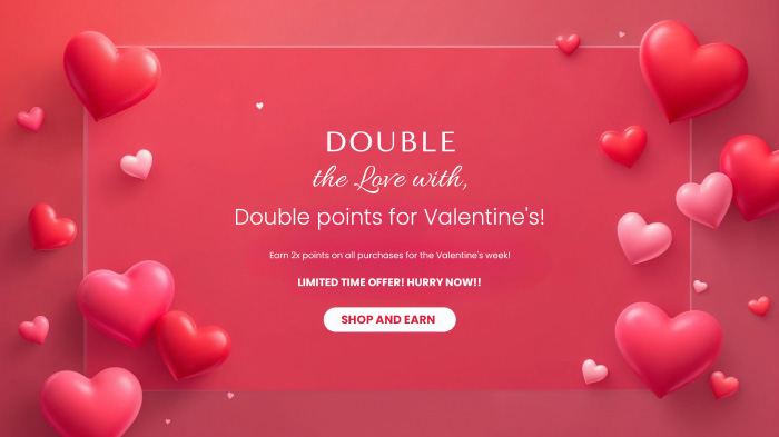 A Valentine’s loyalty program promo featuring red and pink heart illustrations.