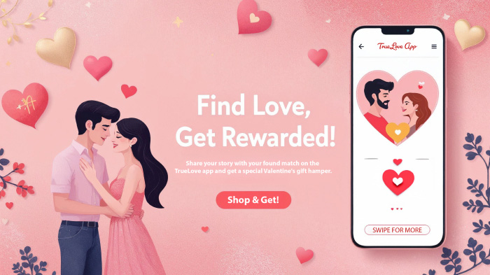 A promo for Valentine’s Day reward featuring a mobile phone cutout, a couple’s illustration, and floating hearts.
