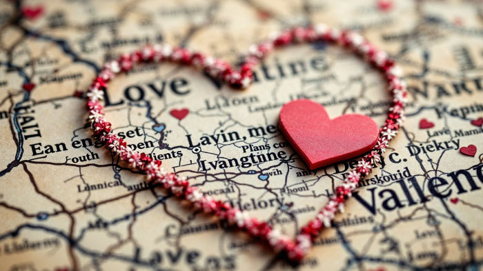 A printed map with a heart marking for long distace relationships.