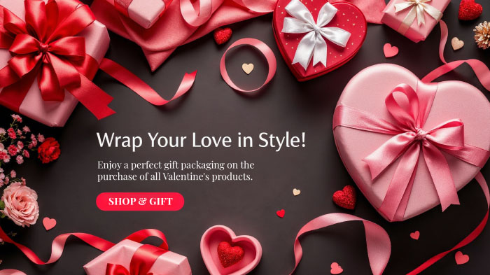 An ad for Valentine’s Day gift packaging featuring imagery of cute heart-shaped wrapped gift boxes.