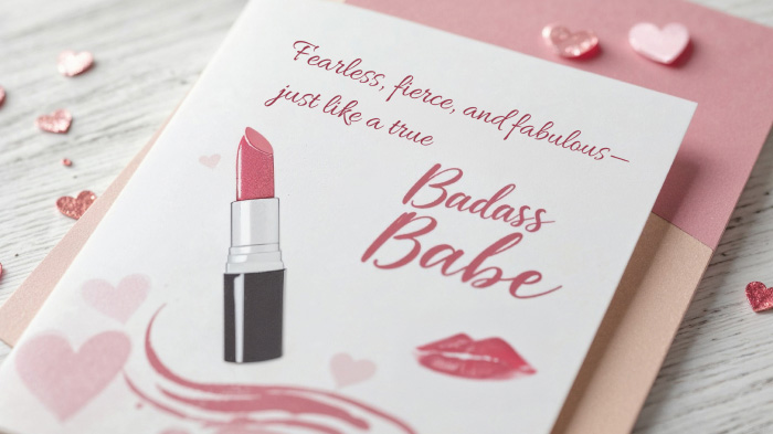 A "Badass Babe" card featuring a bold lipstick kiss and an empowering quote to hype up your best friend.