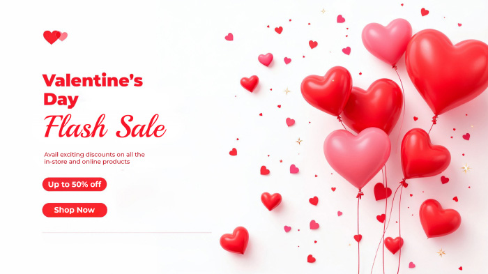 A Valentine’s Day flash sale ad featuring cute heart balloons floating in the air.