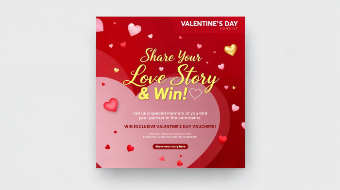 A social media post on Valentine’s Day contest featuring a background with a pink heart and colorful floating hearts.