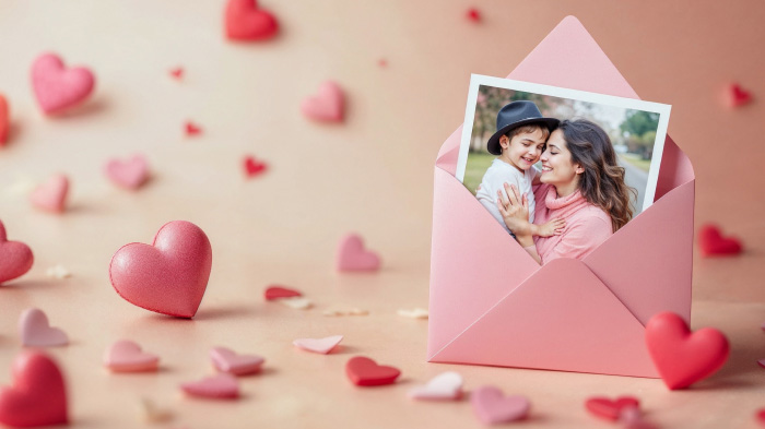 A nostalgic card with a small envelope attached, revealing a cherished childhood photo of you both for a trip down memory lane.