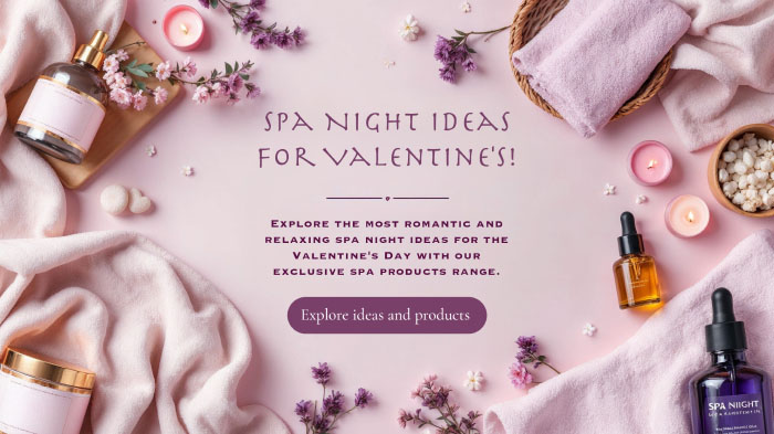 A Valentine’s Day spa night ideas promo featuring a pastel background with multiple spa products, flowers, and candles.