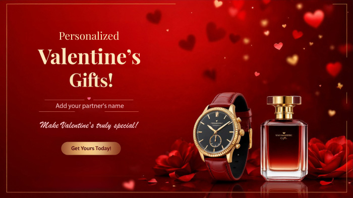A personalized Valentine’s gifts ad featuring a watch and perfume cutout, rose flower, and floating hearts.