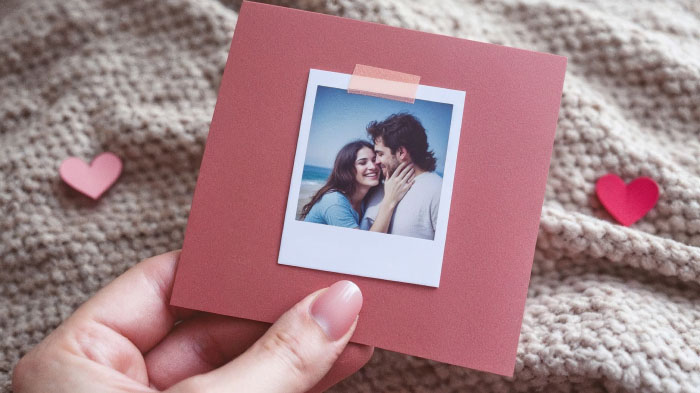 A sweet and sentimental Polaroid photo attached to a Valentine’s card, preserving a special memory.
